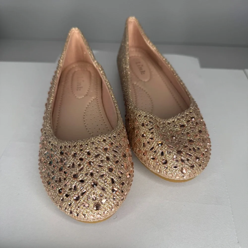 Link Ballet Flats Kids Size 3 Rose Gold Glitter Rhinestone‎ Dress Shoes 2581